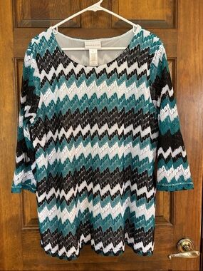 Alfred Dunner Teal Black White Lace Tunic, XL